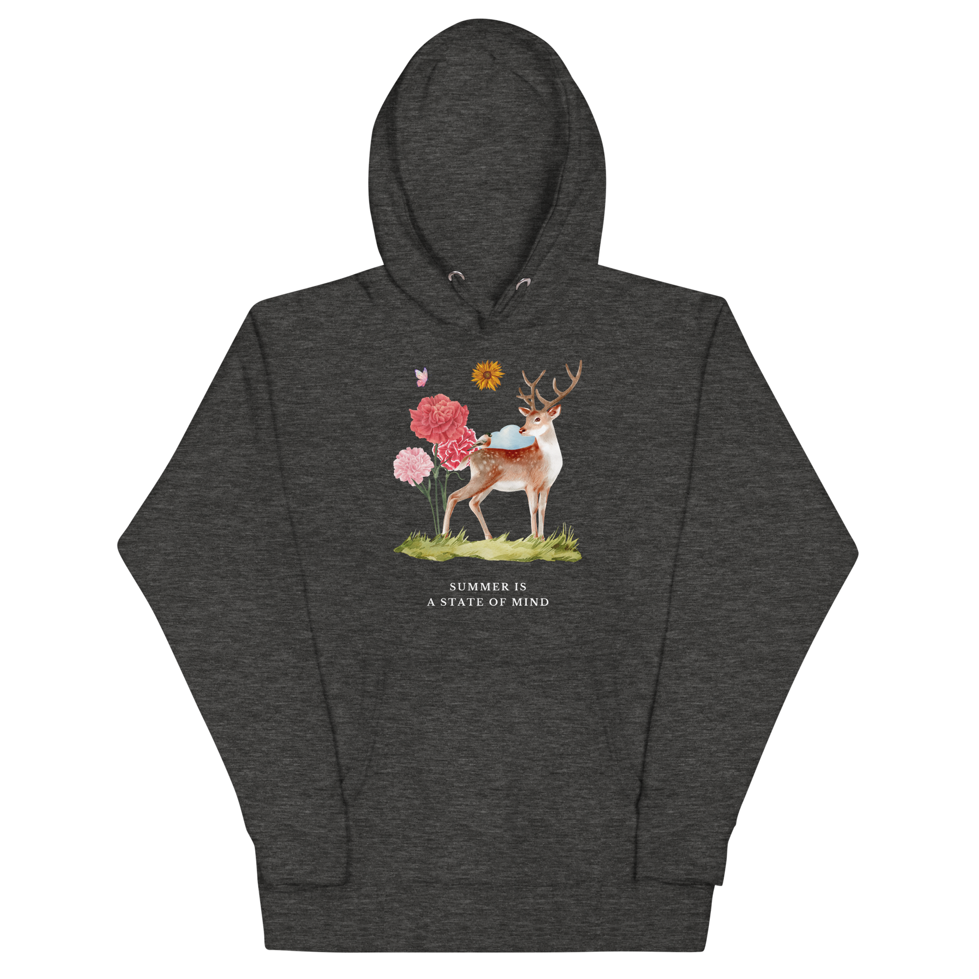Funny Summer Is a State of Mind Deer premium graphic hoodie in charcoal heather by Boozy Fox