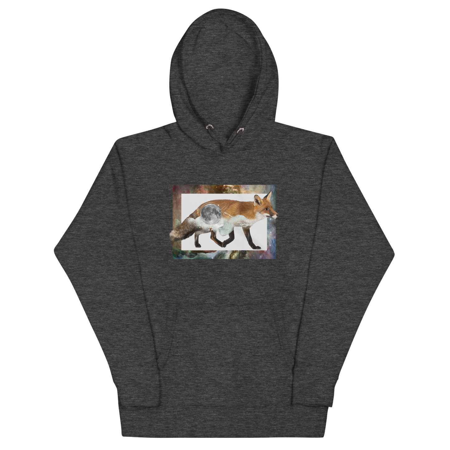Funny Space Fox premium graphic hoodie in charcoal heather by Boozy Fox