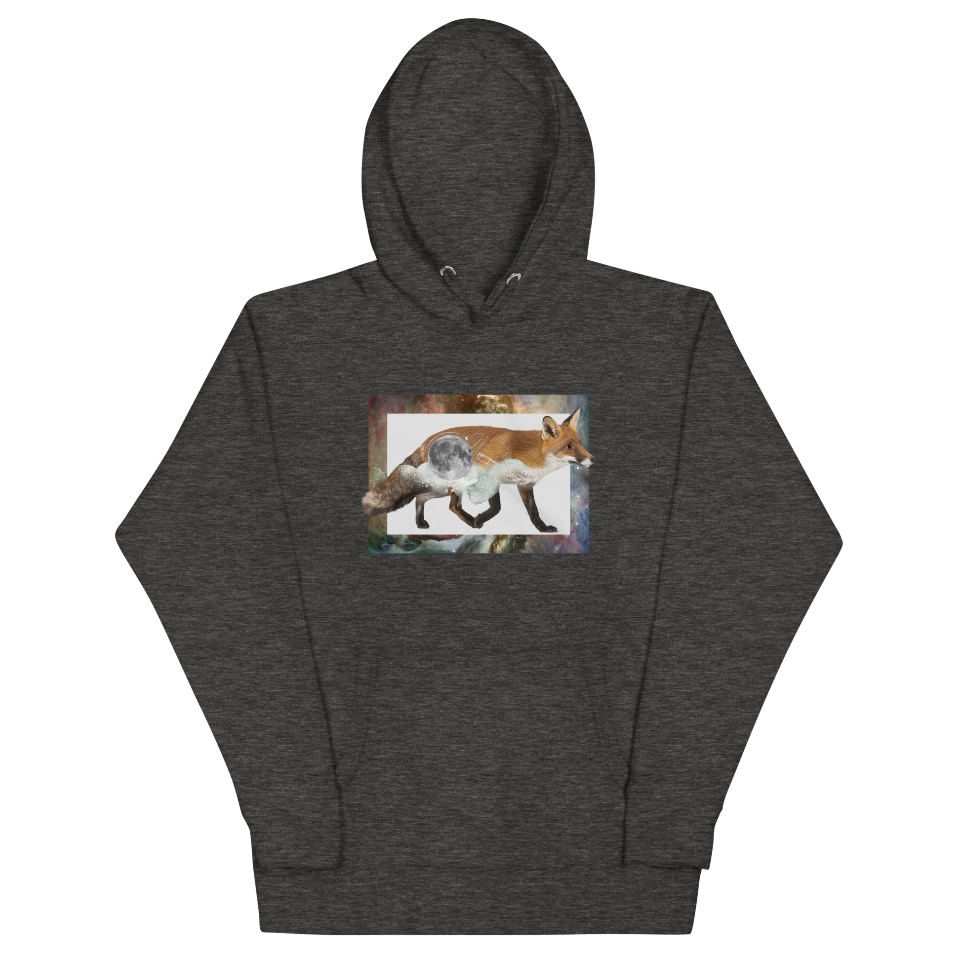 Funny Space Fox premium graphic hoodie in charcoal heather by Boozy Fox