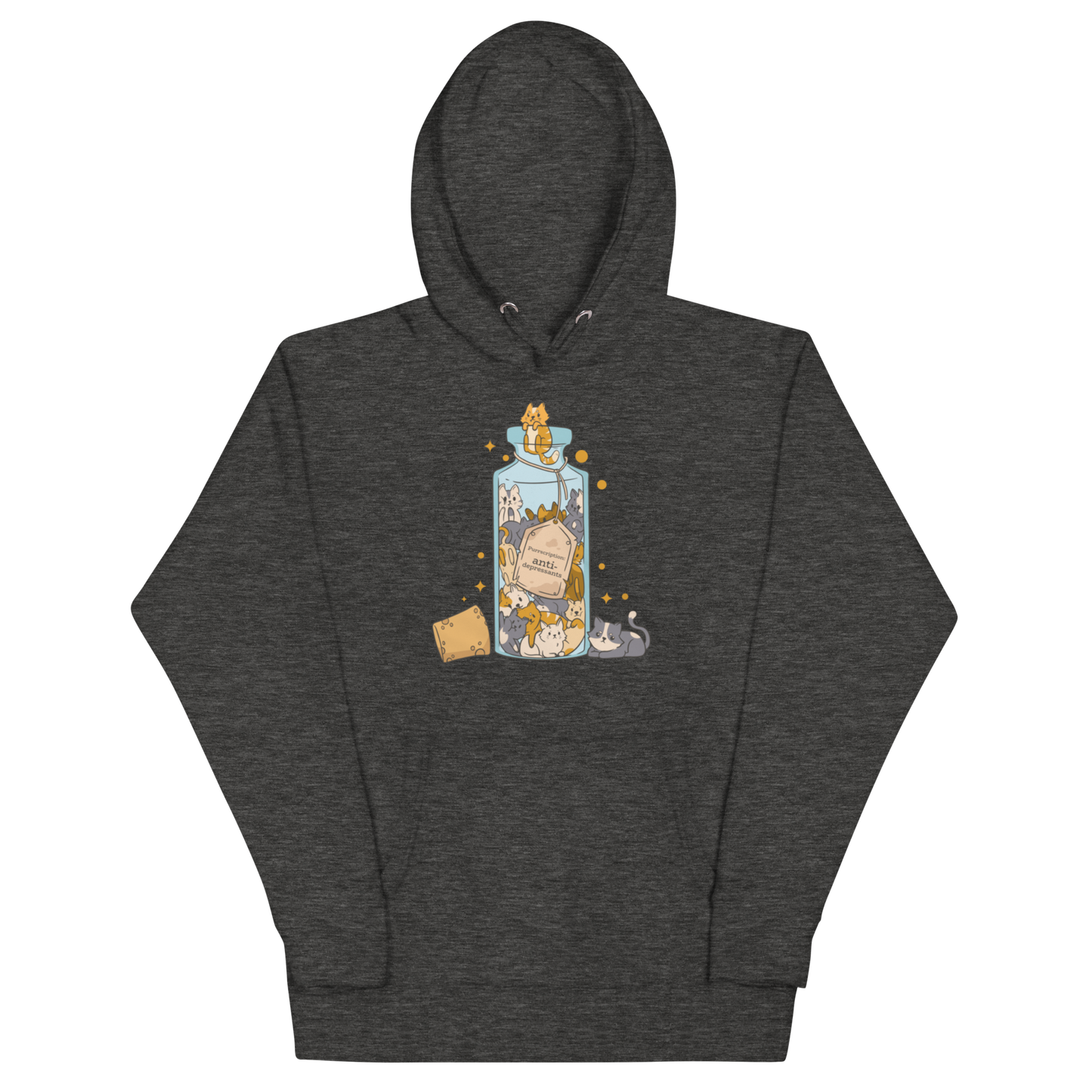 Funny Purrscription: Anti-depressants Cat premium graphic hoodie in charcoal heather by Boozy Fox