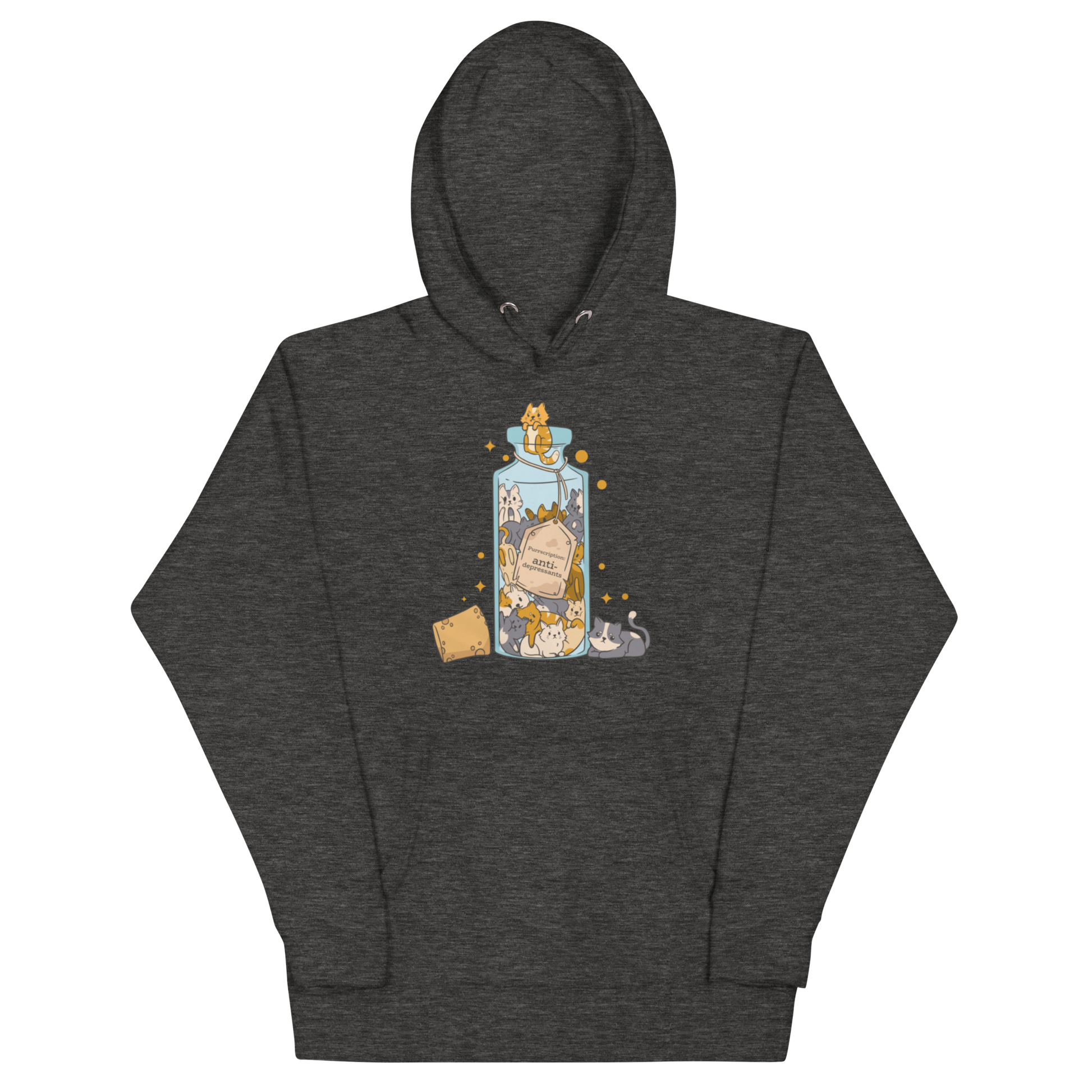 Funny Purrscription: Anti-depressants Cat premium graphic hoodie in charcoal heather by Boozy Fox