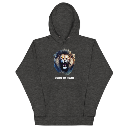 Funny Born to Roar Angry Lion premium graphic hoodie in charcoal heather by Boozy Fox