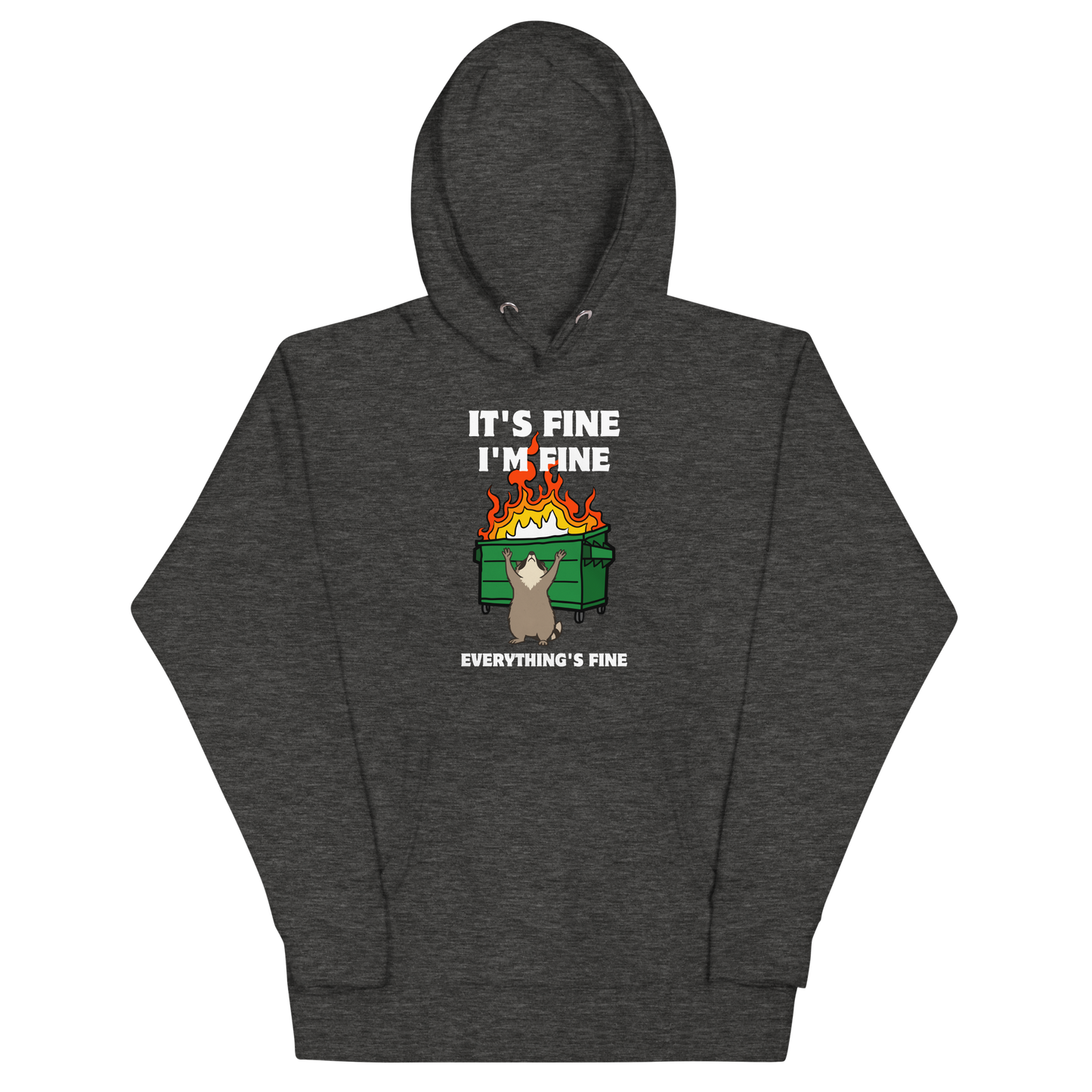 Funny Dumpster Fire Raccoon premium graphic hoodie in charcoal heather by Boozy Fox