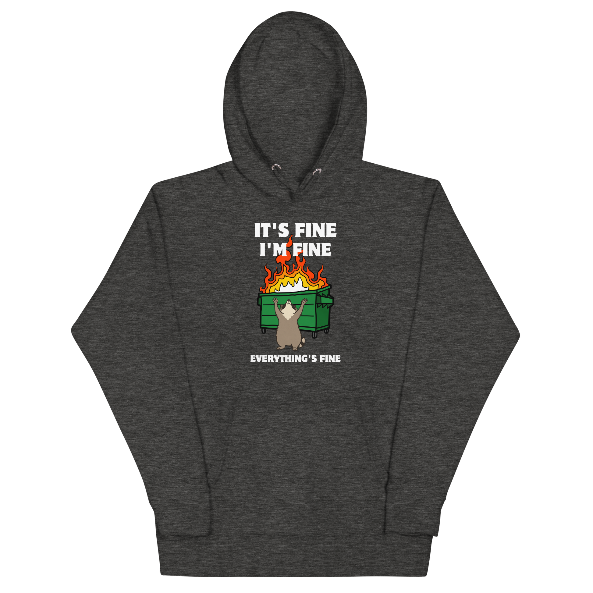 Funny Dumpster Fire Raccoon premium graphic hoodie in charcoal heather by Boozy Fox