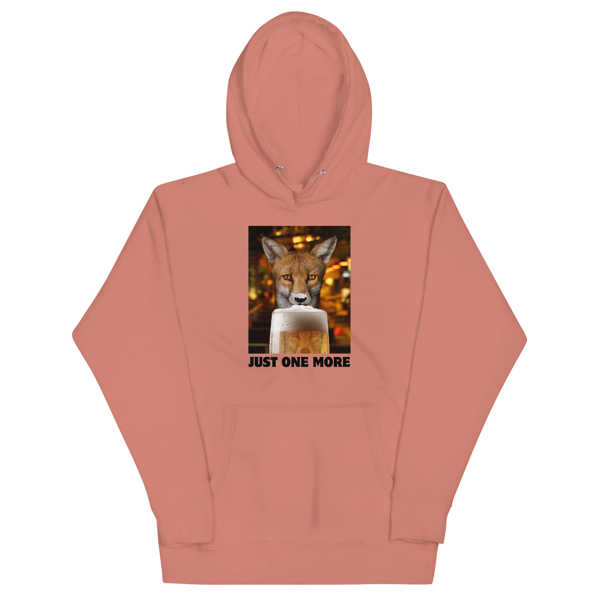 Funny Just One More Fox premium graphic hoodie in dusty rose by Boozy Fox