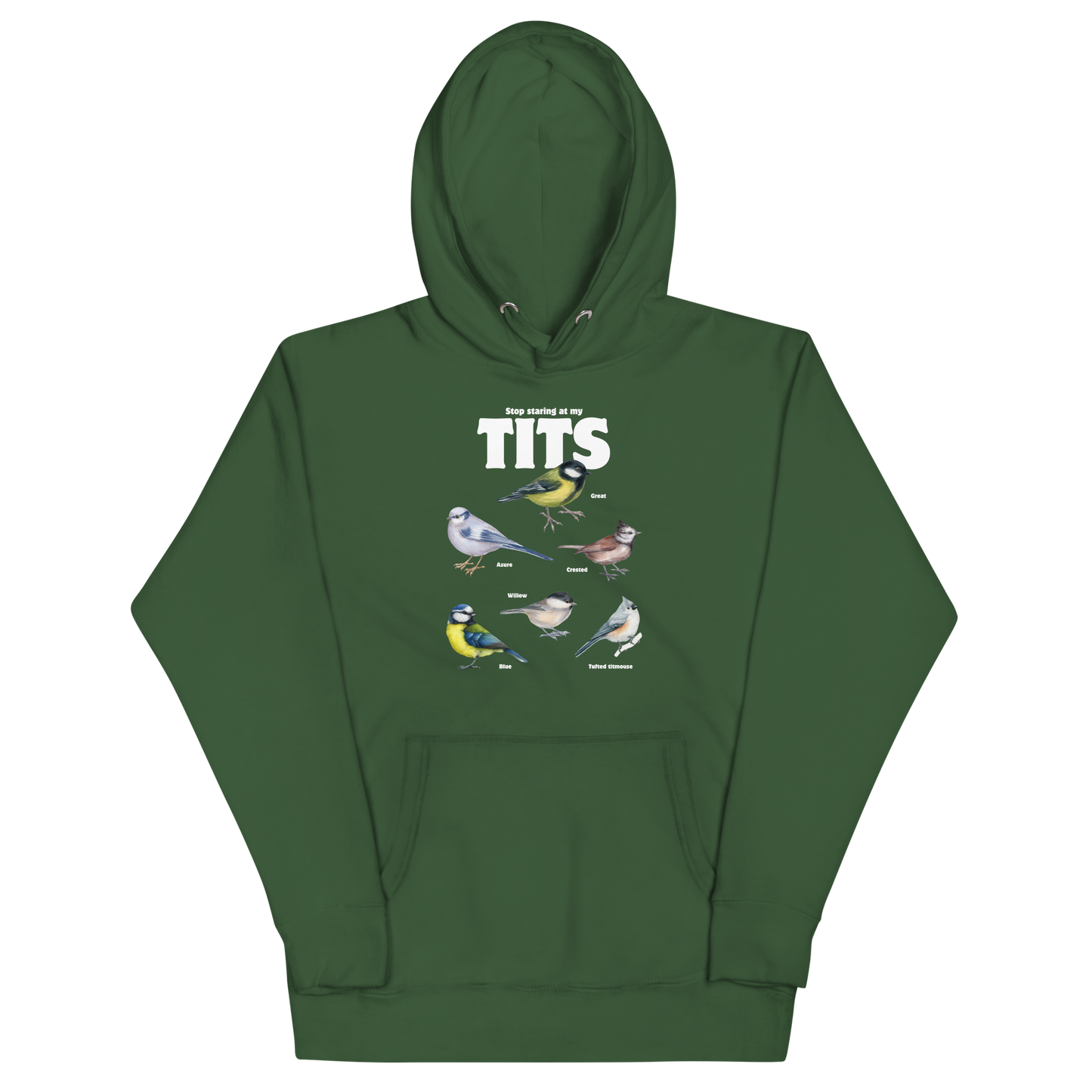 Funny Stop Staring At My Tits Bird premium graphic hoodie in forest green  by Boozy Fox