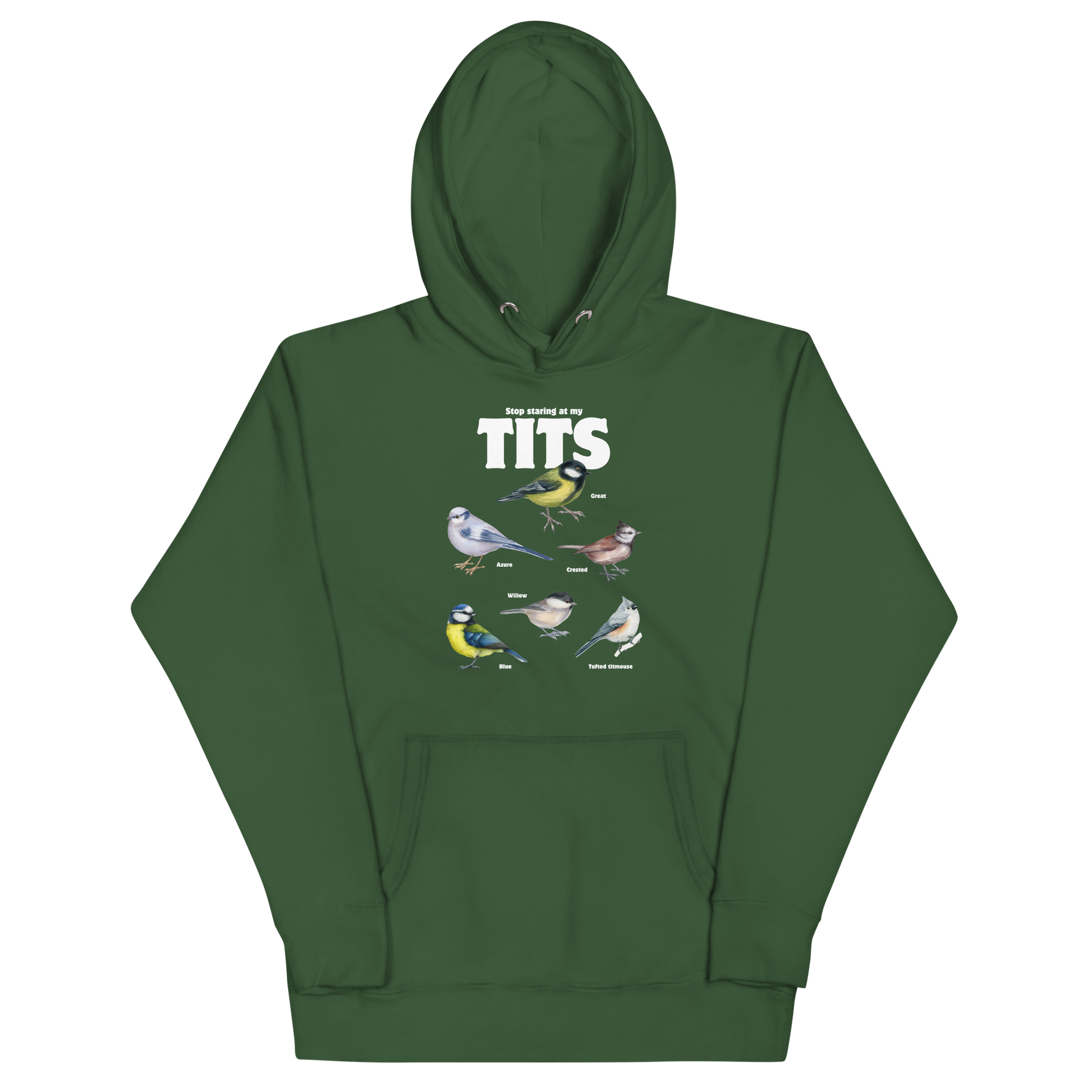 Funny Stop Staring At My Tits Bird premium graphic hoodie in forest green  by Boozy Fox