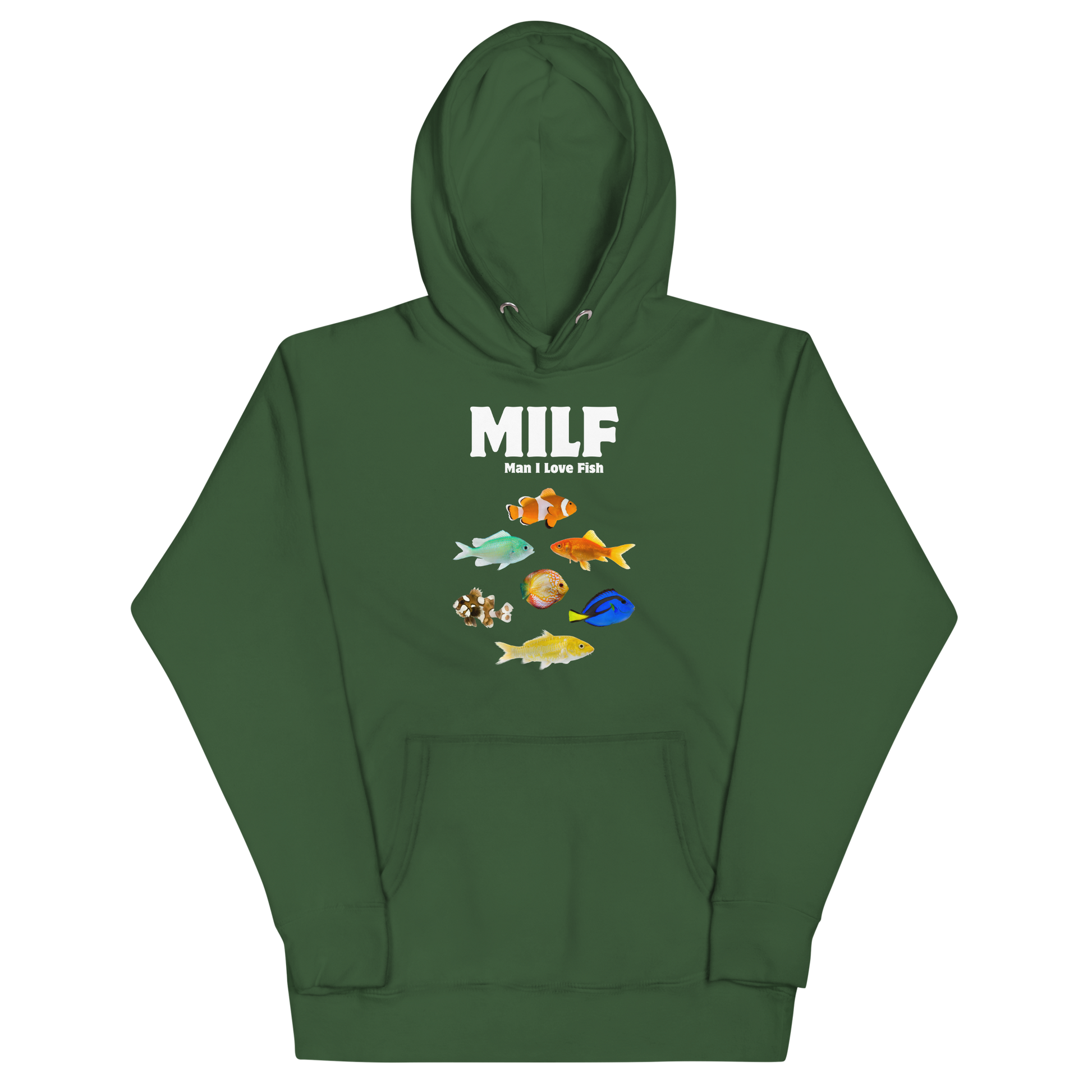 Funny Man I Love Fish premium graphic hoodie in forest green by Boozy Fox