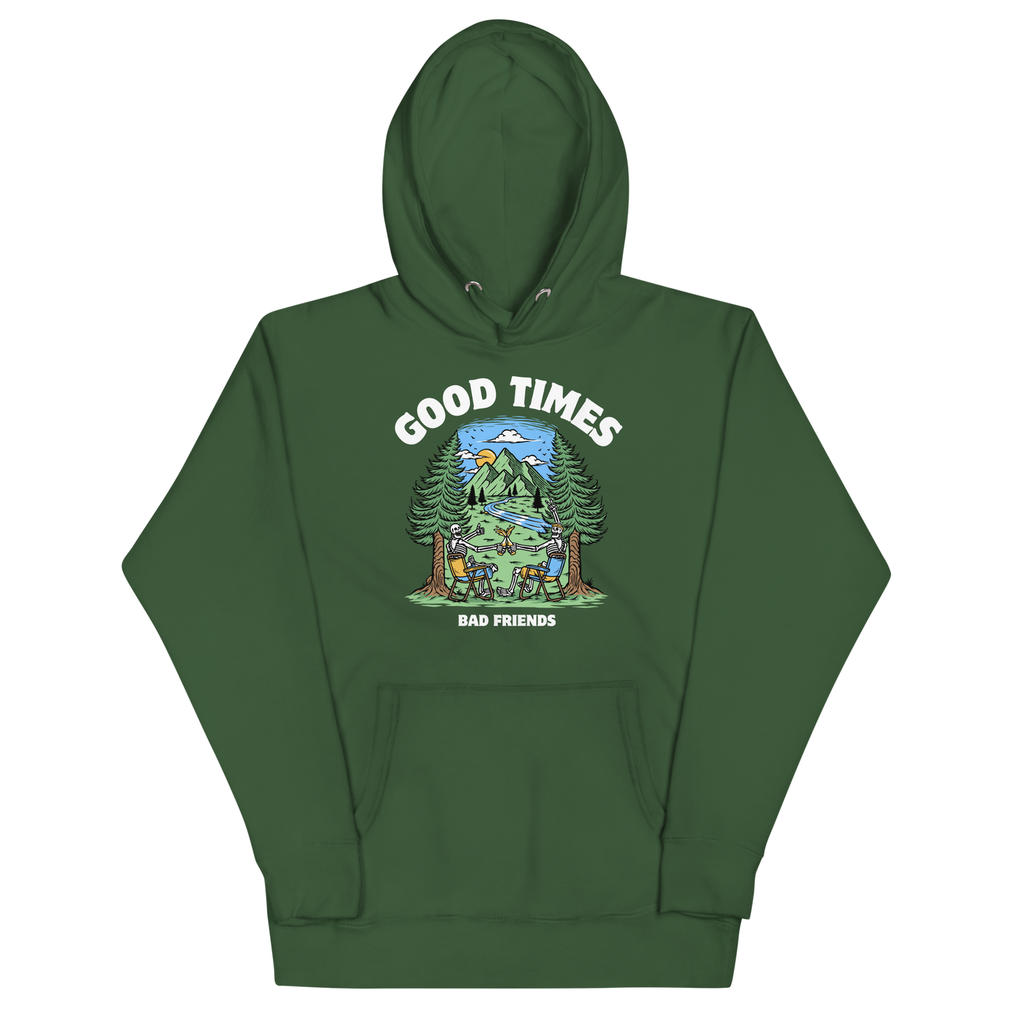 Funny Good Times Bad Friends skeleton beer premium graphic hoodie in forest green by Boozy Fox