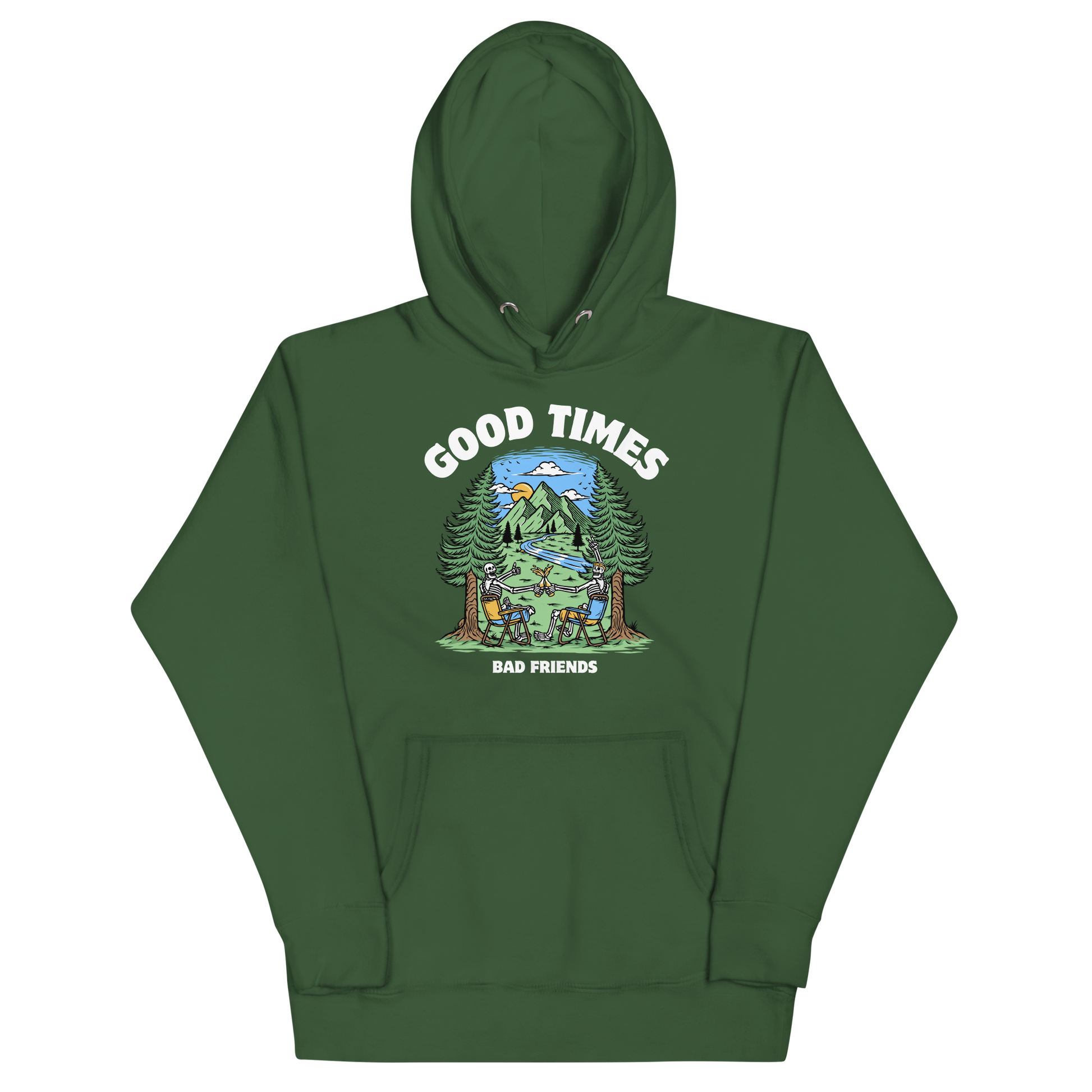 Funny Good Times Bad Friends skeleton beer premium graphic hoodie in forest green by Boozy Fox