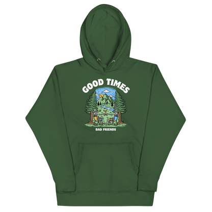 Funny Good Times Bad Friends skeleton beer premium graphic hoodie in forest green by Boozy Fox