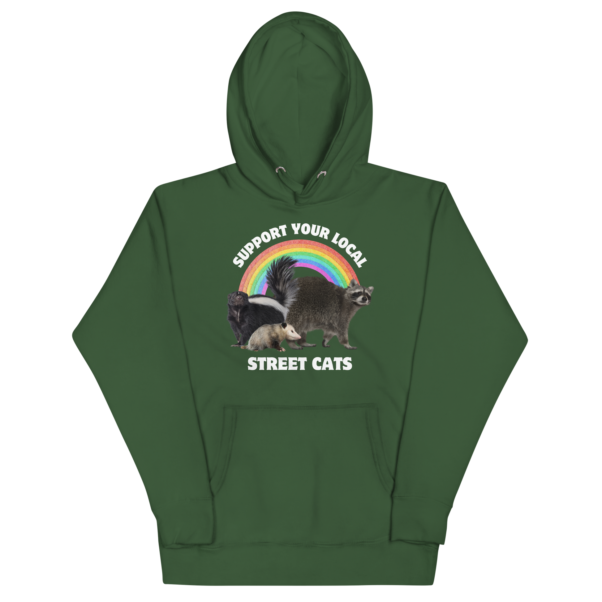 Funny Support Your Local Street Cats premium graphic hoodie in forest green by Boozy Fox