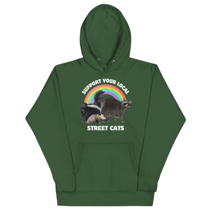 Funny Support Your Local Street Cats premium graphic hoodie in forest green by Boozy Fox