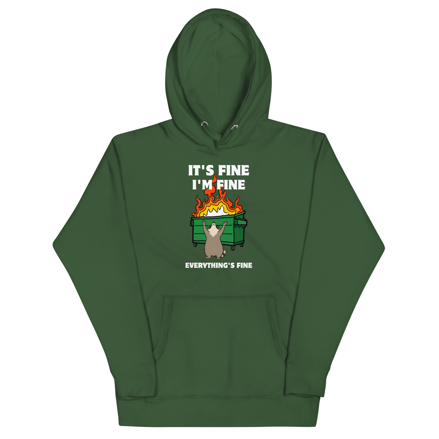 Funny Dumpster Fire Raccoon premium graphic hoodie in forest green by Boozy Fox