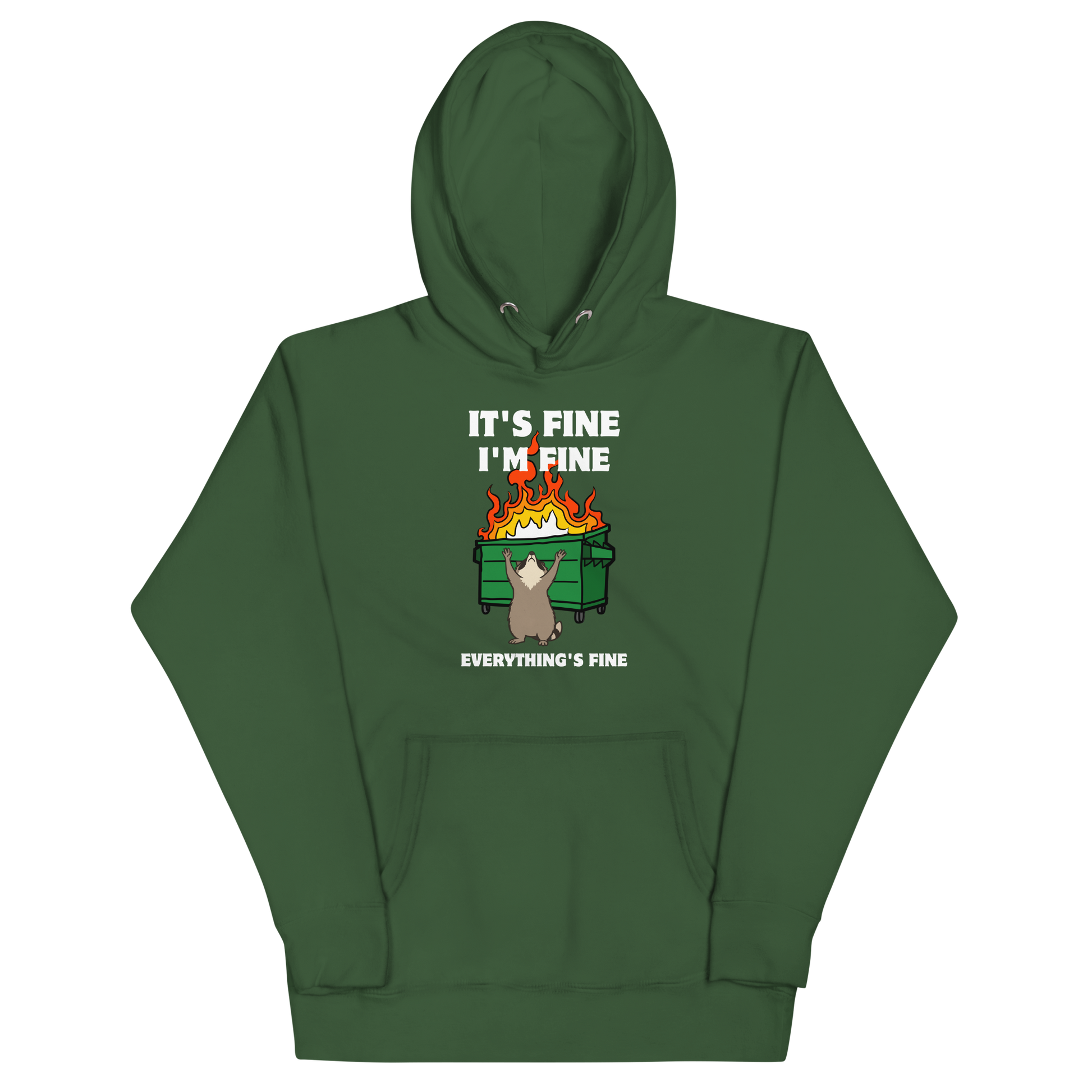 Funny Dumpster Fire Raccoon premium graphic hoodie in forest green by Boozy Fox