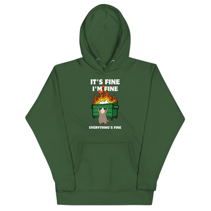 Funny Dumpster Fire Raccoon premium graphic hoodie in forest green by Boozy Fox