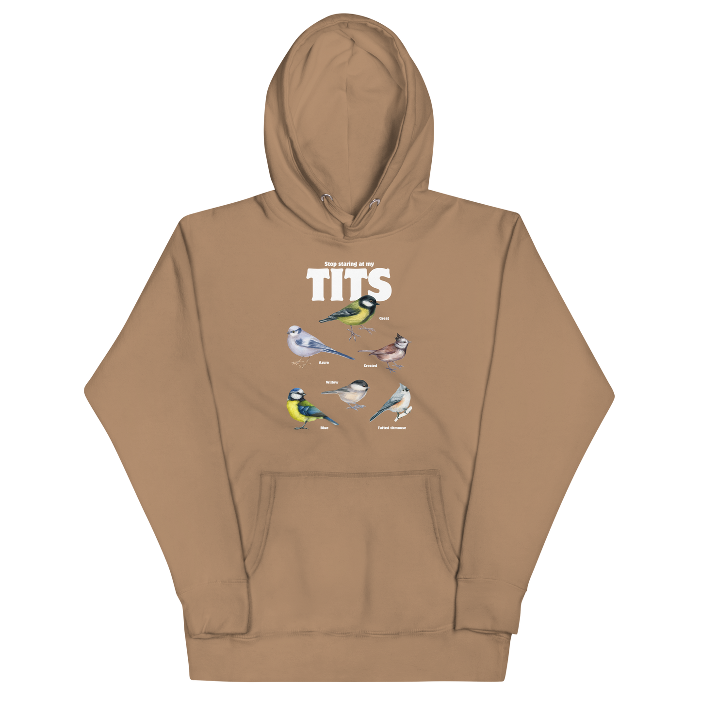 Funny Stop Staring At My Tits Bird premium graphic hoodie in latte brown by Boozy Fox