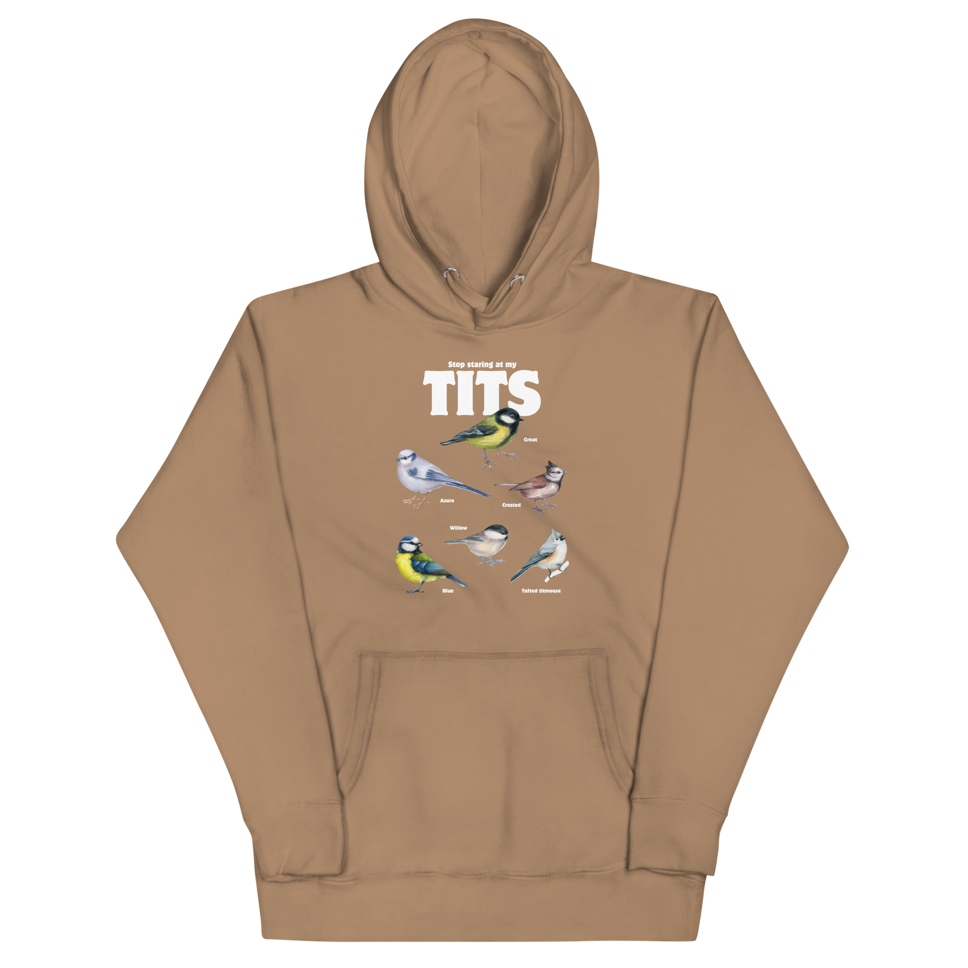 Funny Stop Staring At My Tits Bird premium graphic hoodie in latte brown by Boozy Fox