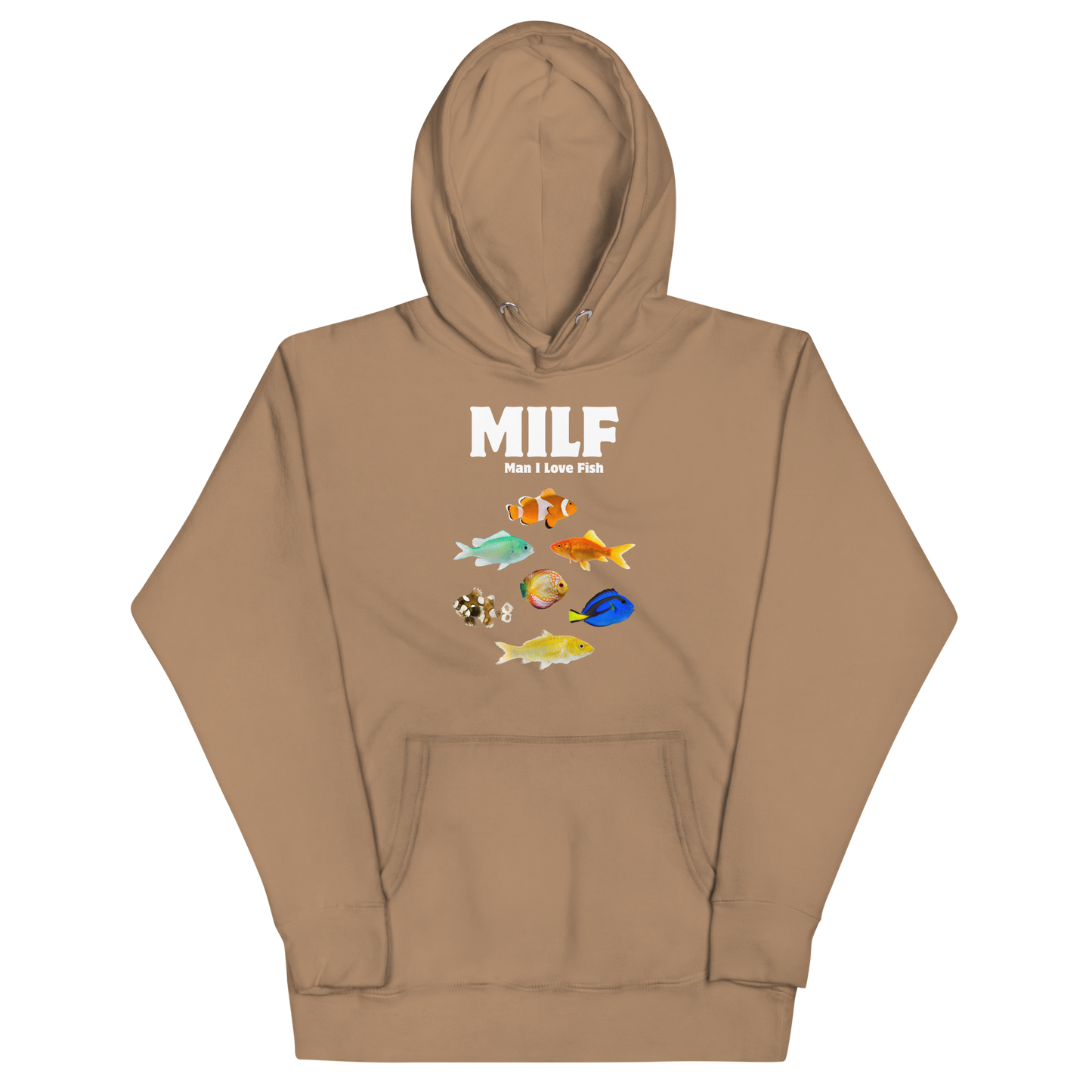 Funny Man I Love Fish premium graphic hoodie in latte brown by Boozy Fox