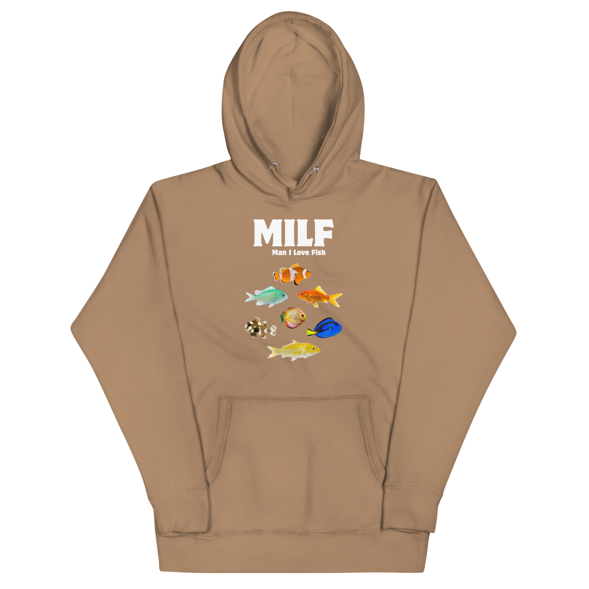 Funny Man I Love Fish premium graphic hoodie in latte brown by Boozy Fox