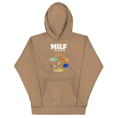 Funny Man I Love Fish premium graphic hoodie in latte brown by Boozy Fox