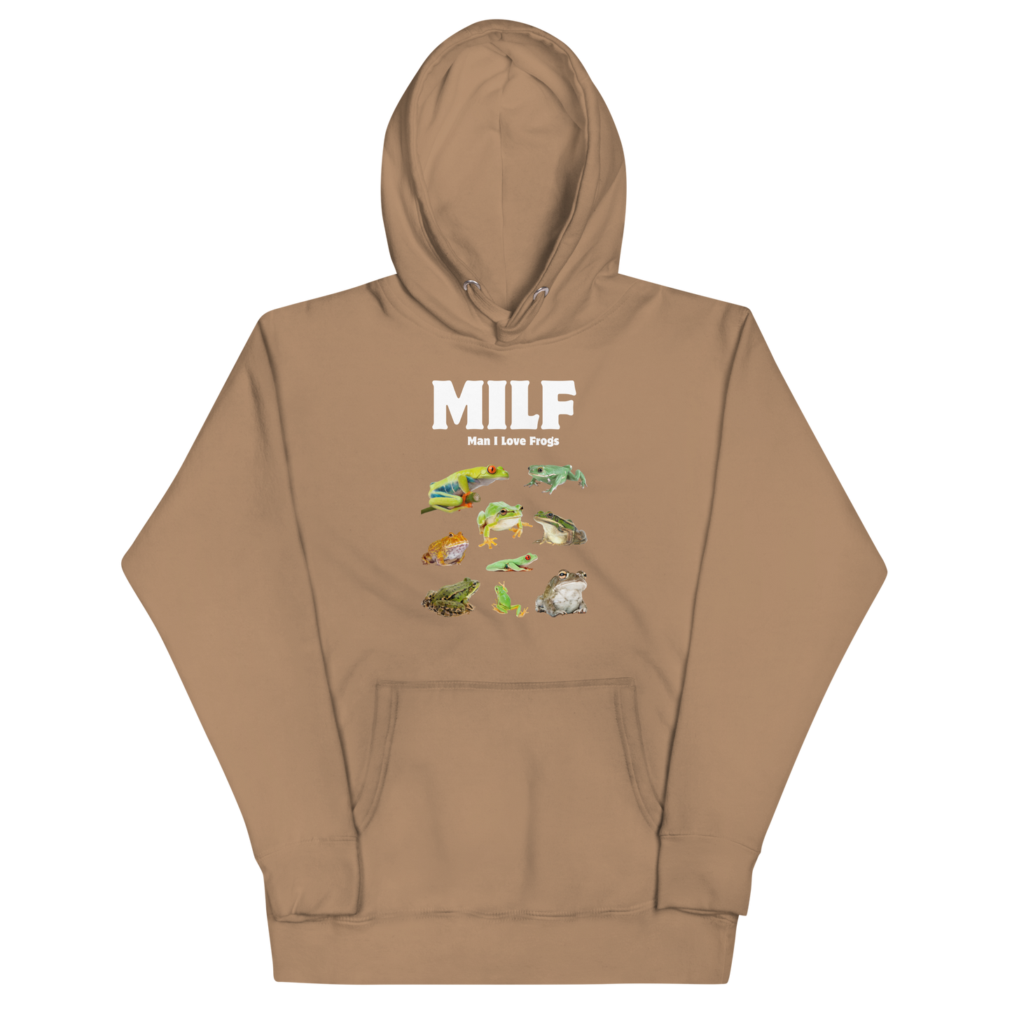 Funny Man I Love Frogs premium graphic hoodie in latte brown by Boozy Fox