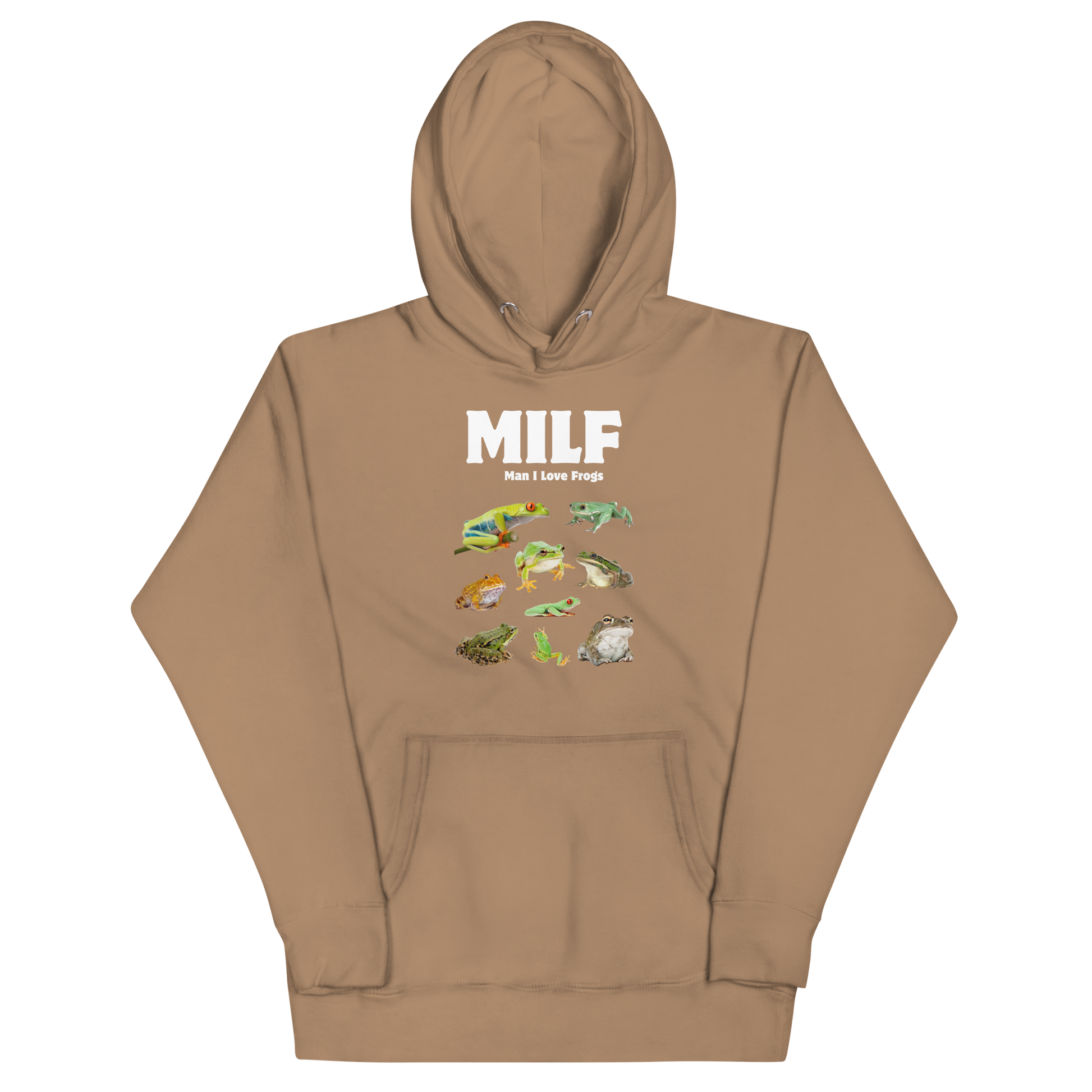 Funny Man I Love Frogs premium graphic hoodie in latte brown by Boozy Fox