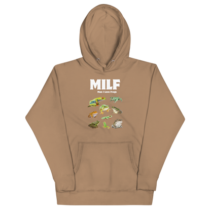Funny Man I Love Frogs premium graphic hoodie in latte brown by Boozy Fox