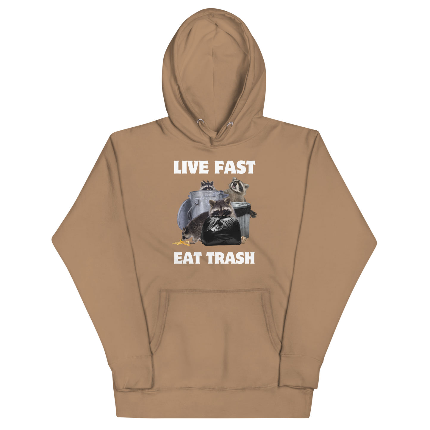Funny Live Fast Eat Trash Raccoon premium graphic hoodie in latte brown by Boozy Fox
