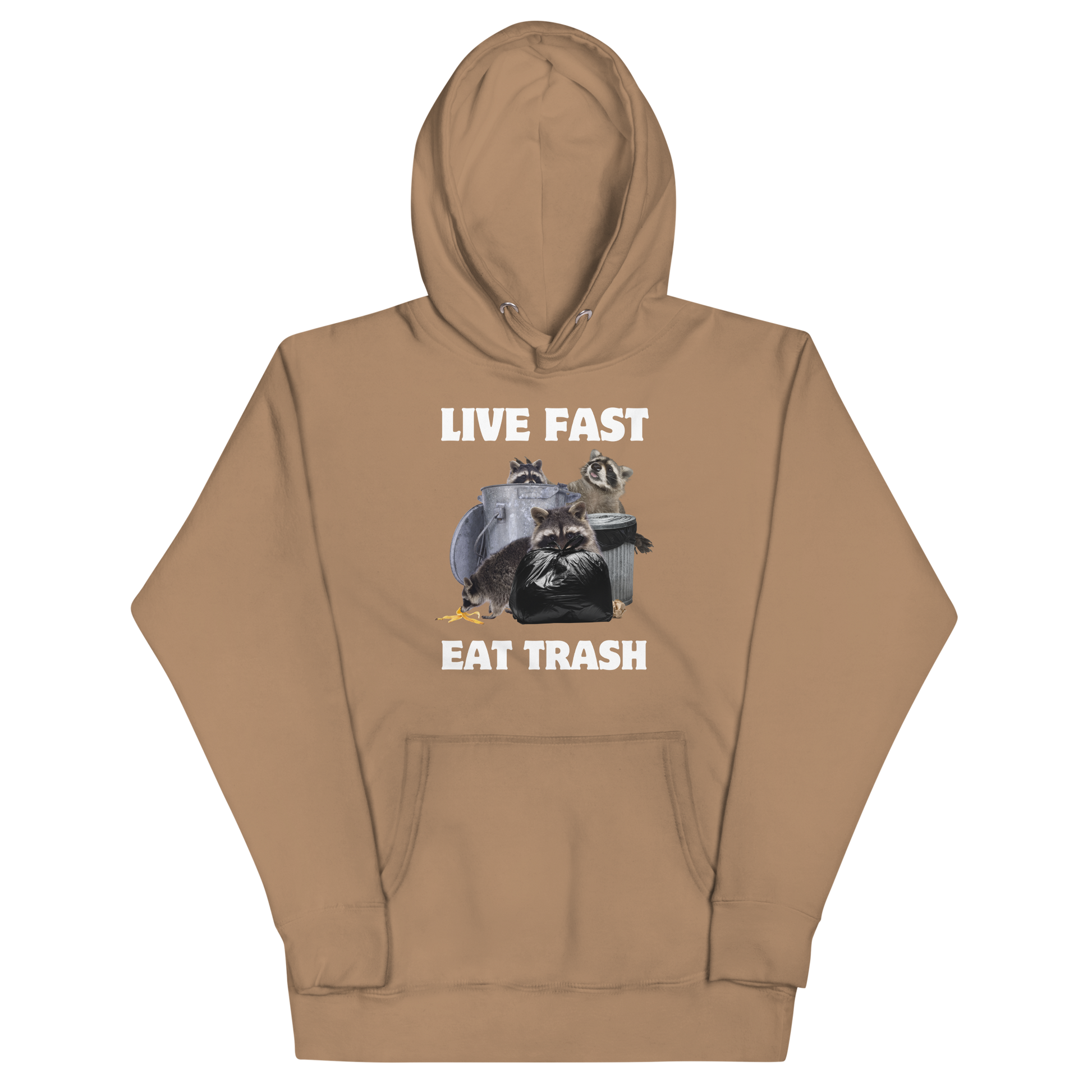 Funny Live Fast Eat Trash Raccoon premium graphic hoodie in latte brown by Boozy Fox