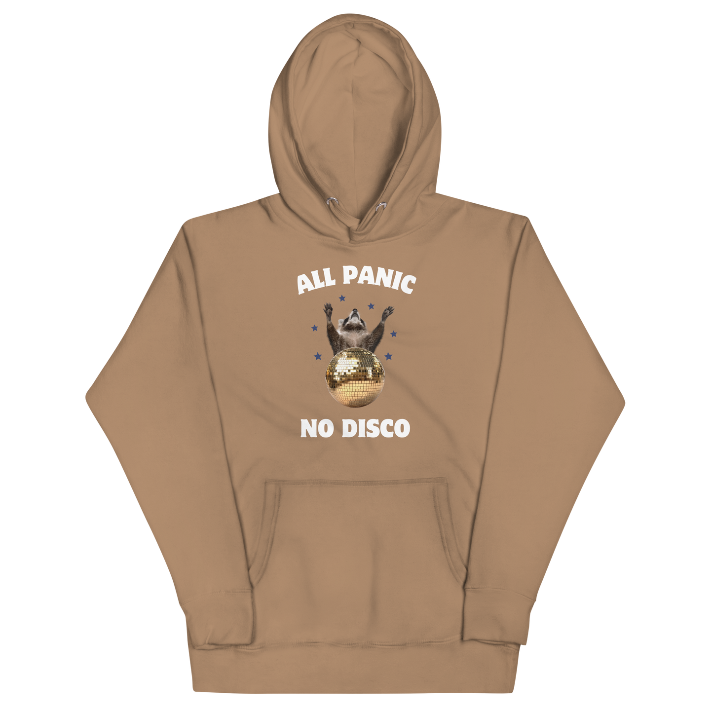 Funny All Panic No Disco Raccoon Disco Ball premium graphic hoodie in latte brown by Boozy Fox