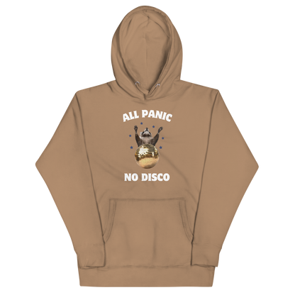 Funny All Panic No Disco Raccoon Disco Ball premium graphic hoodie in latte brown by Boozy Fox