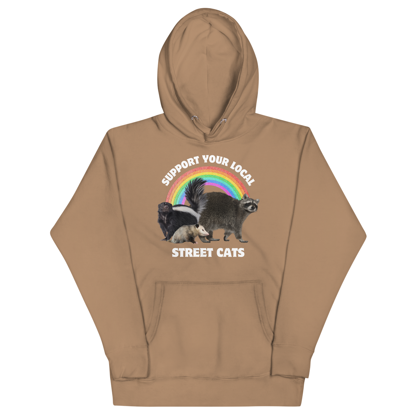 Funny Support Your Local Street Cats premium graphic hoodie in latte brown by Boozy Fox