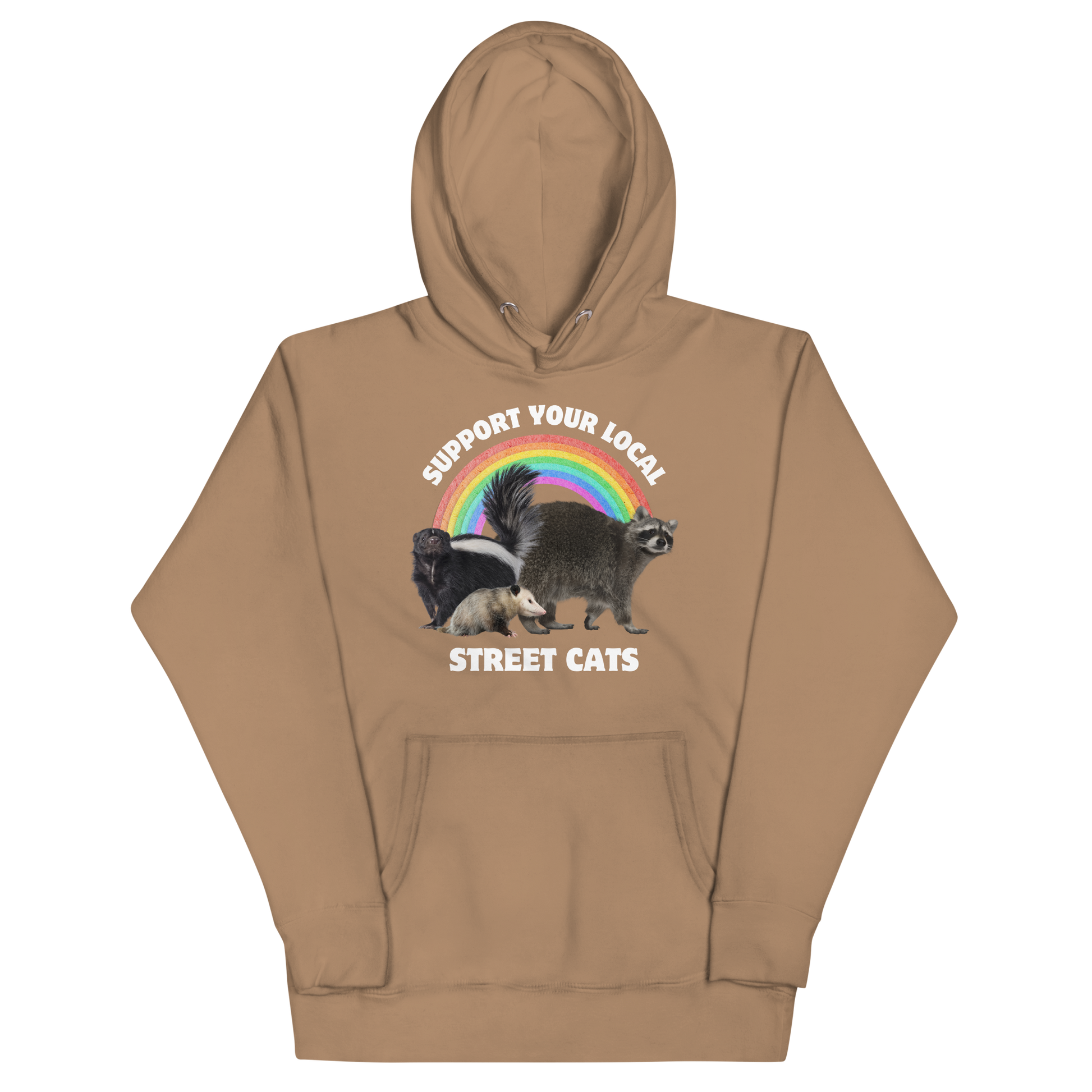 Funny Support Your Local Street Cats premium graphic hoodie in latte brown by Boozy Fox