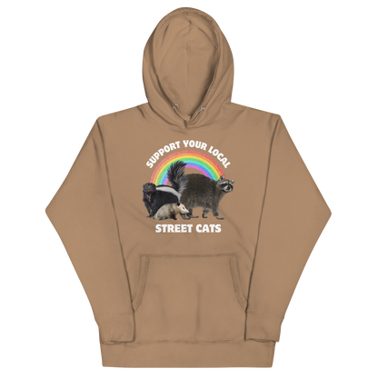 Funny Support Your Local Street Cats premium graphic hoodie in latte brown by Boozy Fox