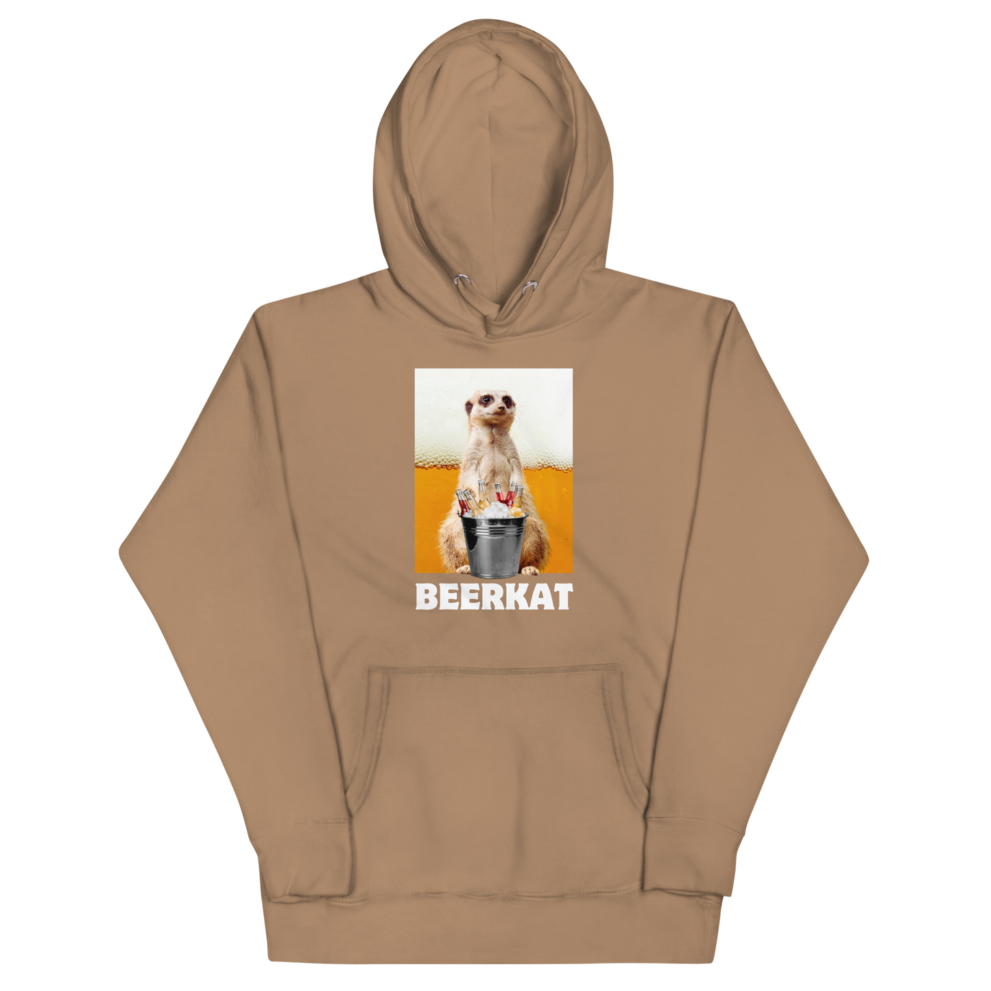 Funny Meerkat Beer premium graphic hoodie in latte brown by Boozy Fox