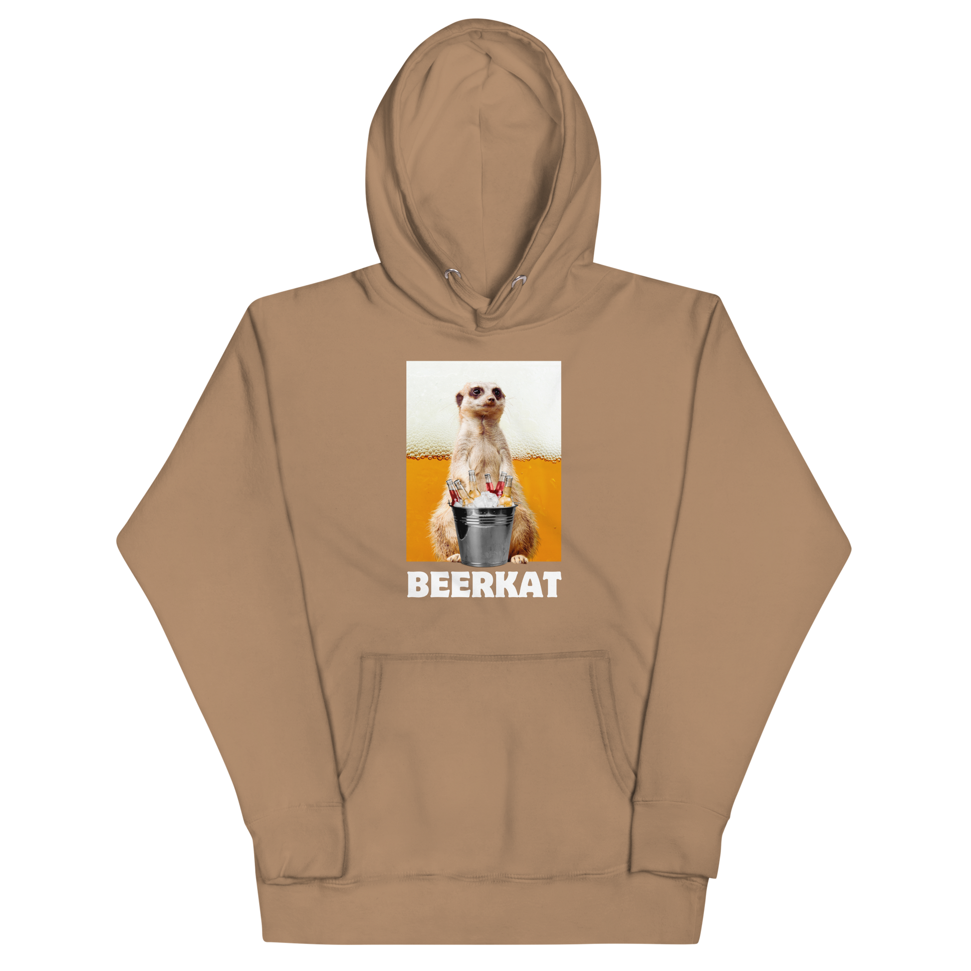 Funny Meerkat Beer premium graphic hoodie in latte brown by Boozy Fox