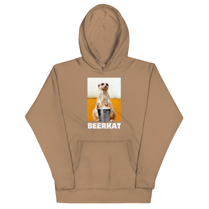Funny Meerkat Beer premium graphic hoodie in latte brown by Boozy Fox