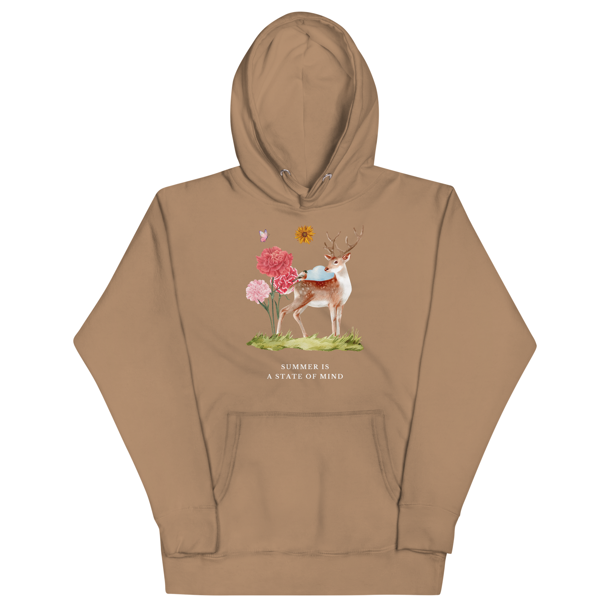 Funny Summer Is a State of Mind Deer premium graphic hoodie in latte brown by Boozy Fox