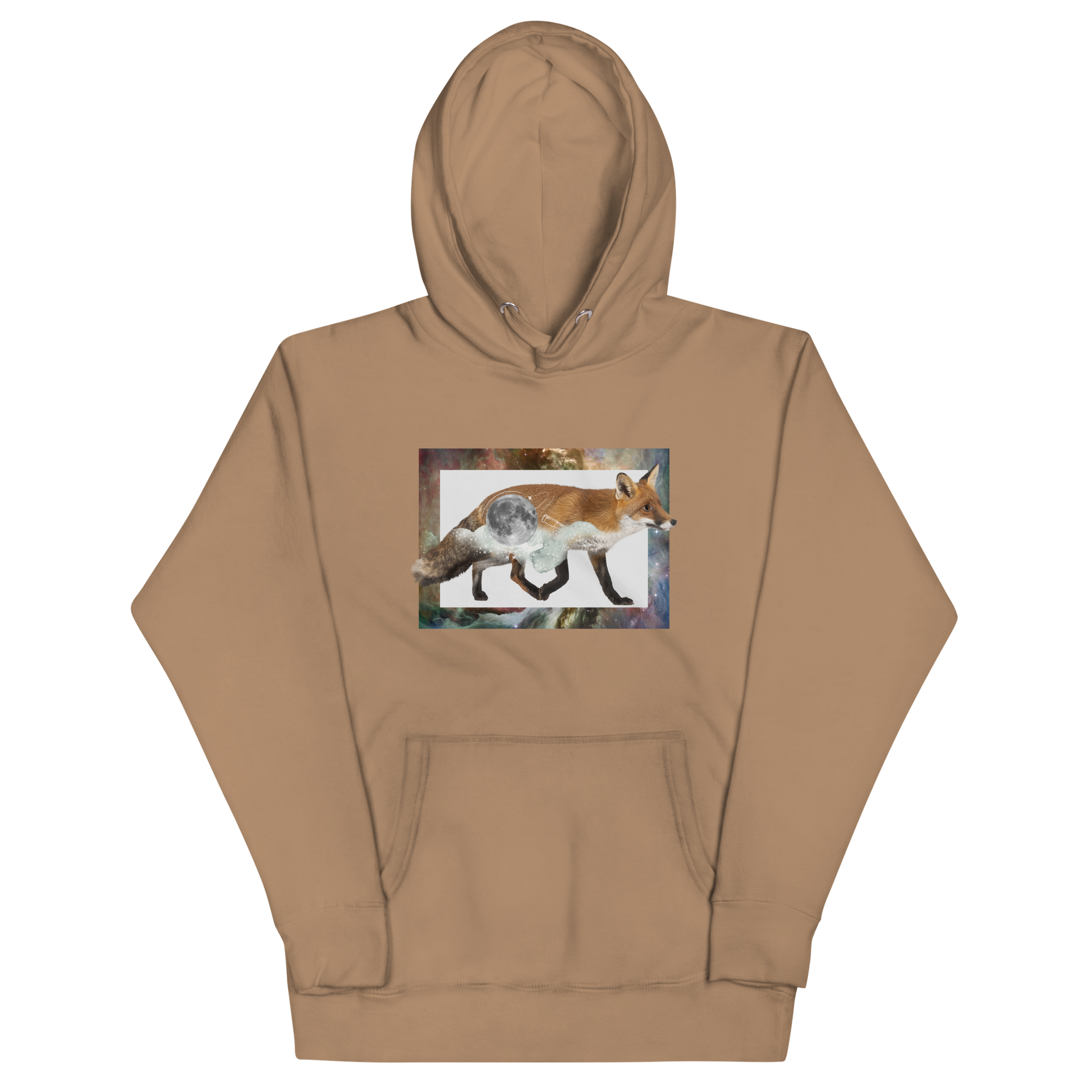 Funny Space Fox premium graphic hoodie in latte brown by Boozy Fox