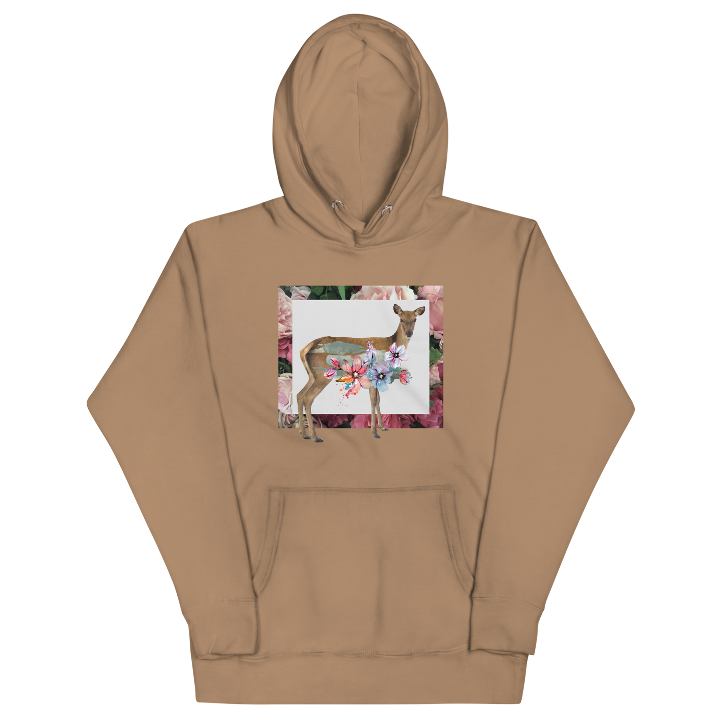 Funny Floral Deer summer premium graphic hoodie in latte brown by Boozy Fox