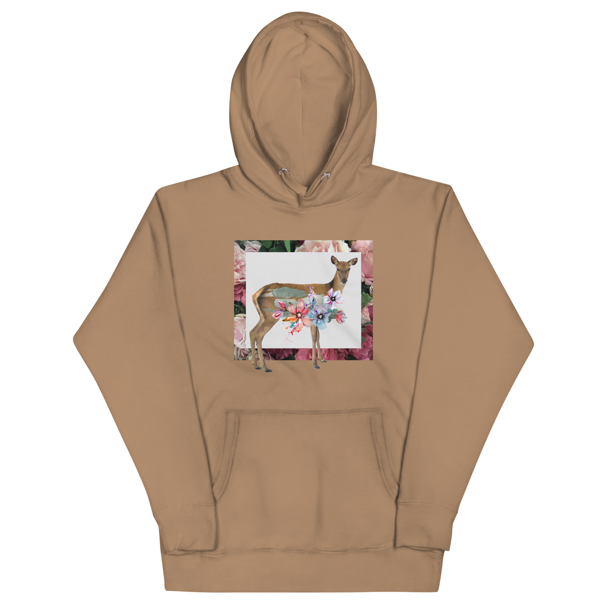 Funny Floral Deer summer premium graphic hoodie in latte brown by Boozy Fox