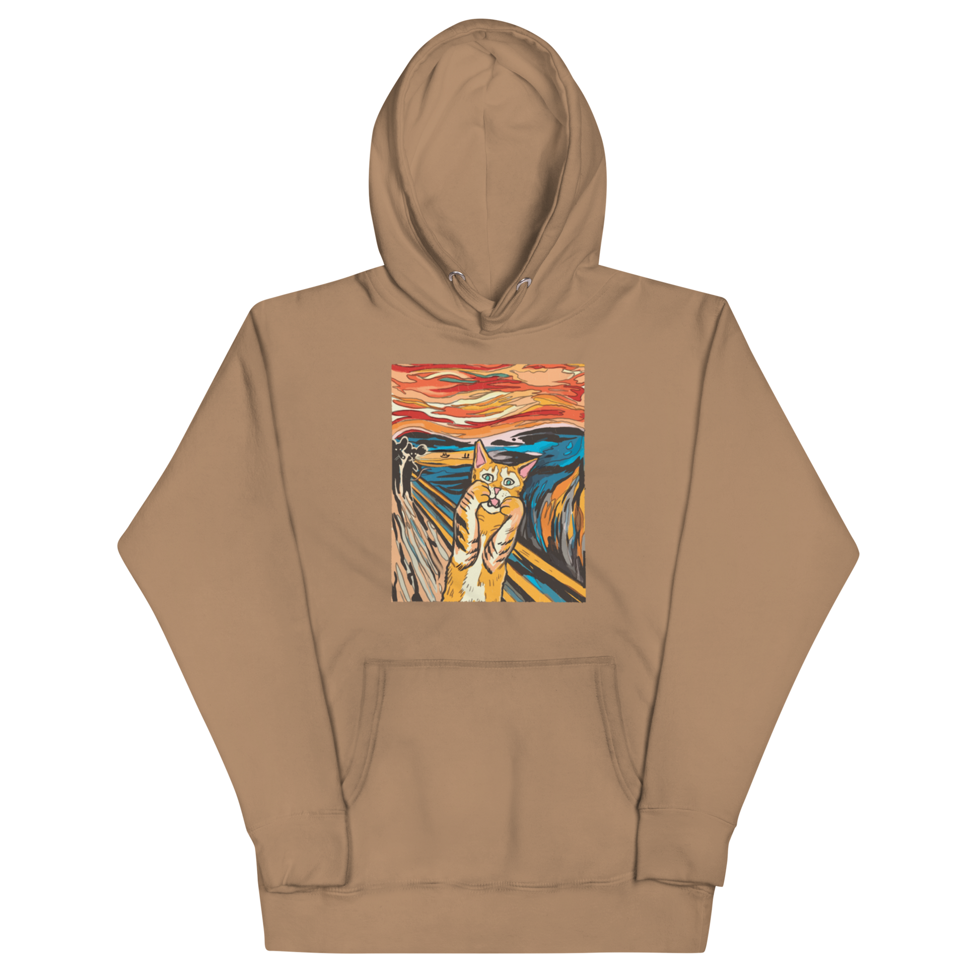 Funny The Screaming Cat parody premium graphic hoodie in latte brown by Boozy Fox