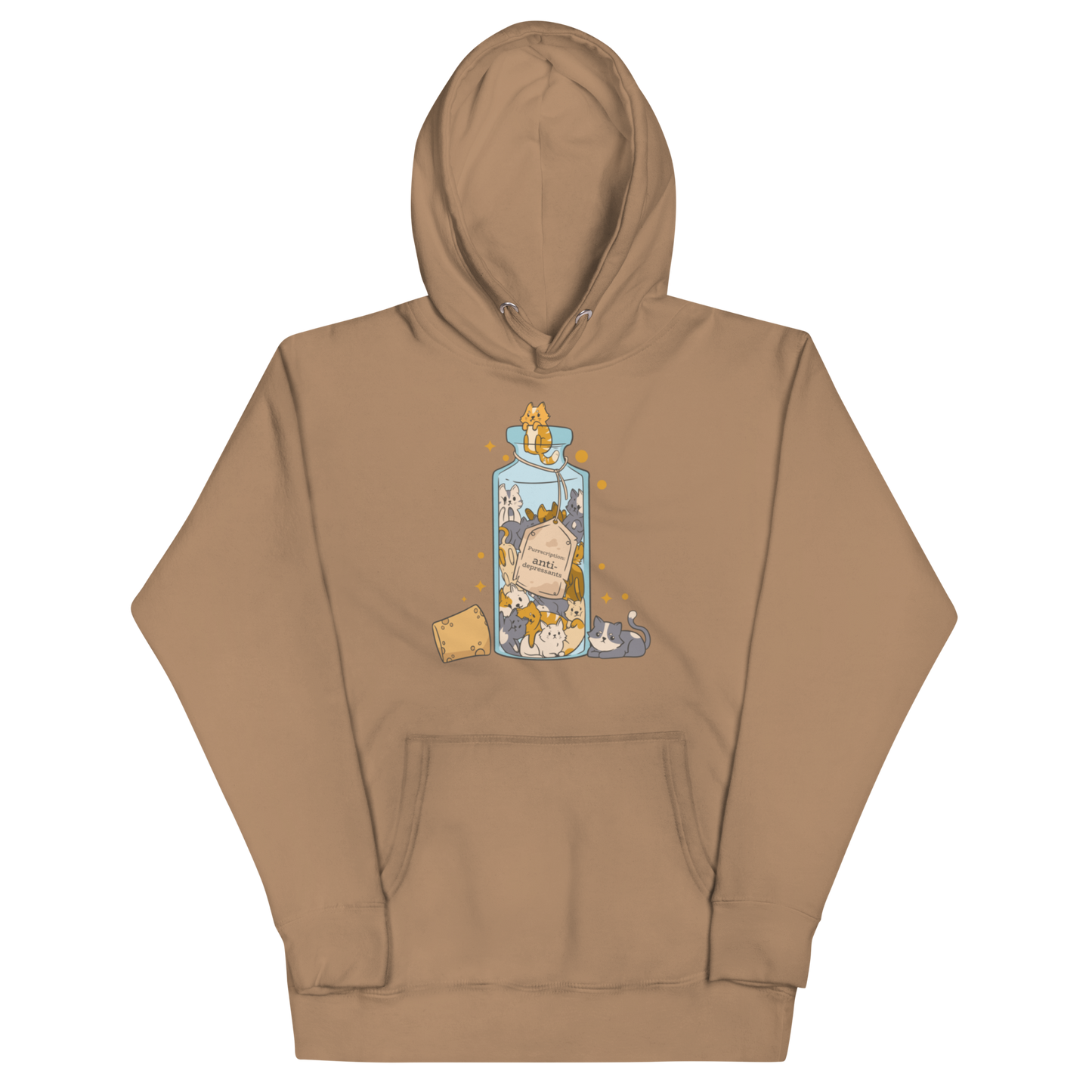 Funny Purrscription: Anti-depressants Cat premium graphic hoodie in latte brown by Boozy Fox