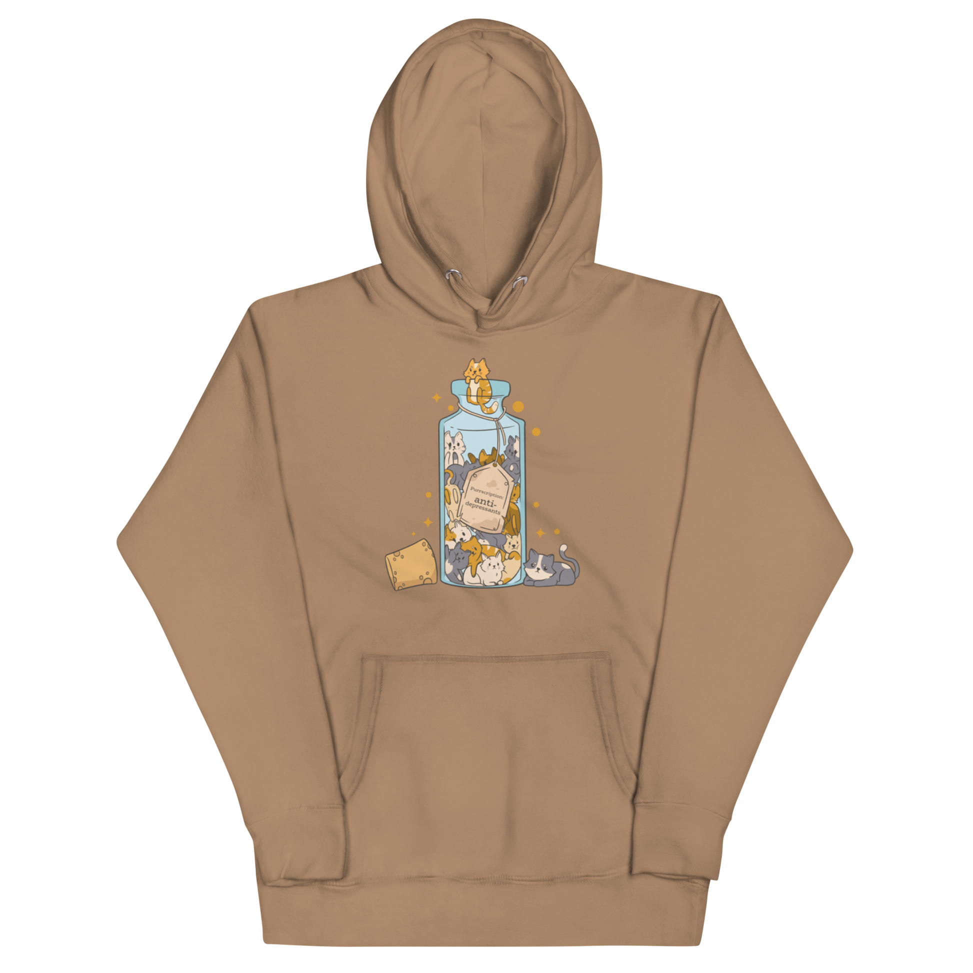 Funny Purrscription: Anti-depressants Cat premium graphic hoodie in latte brown by Boozy Fox