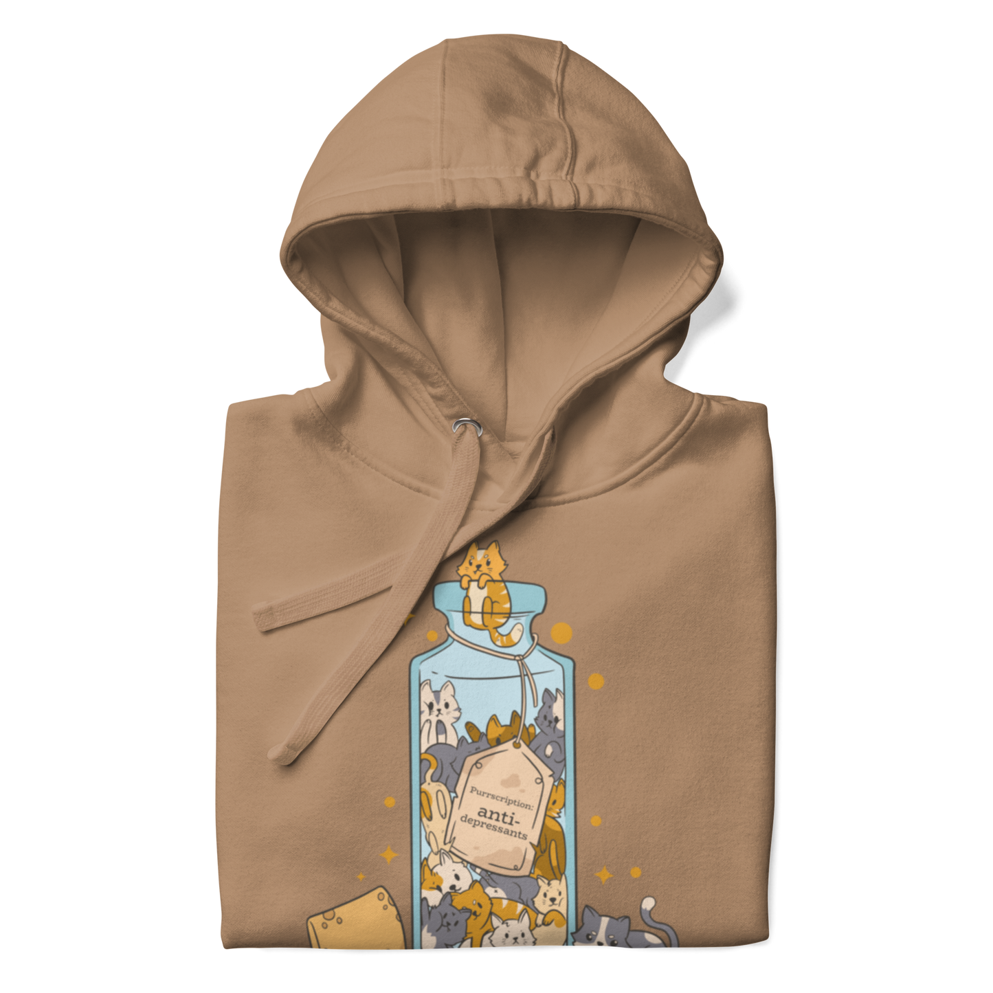 Front details of a Funny Purrscription: Anti-depressants Cat premium graphic hoodie in latte brown by Boozy Fox