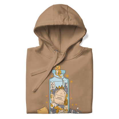 Front details of a Funny Purrscription: Anti-depressants Cat premium graphic hoodie in latte brown by Boozy Fox