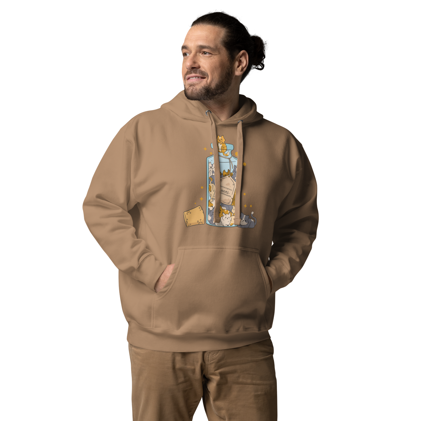 Man wearing a Funny Purrscription: Anti-depressants Cat premium graphic hoodie in latte brown by Boozy Fox
