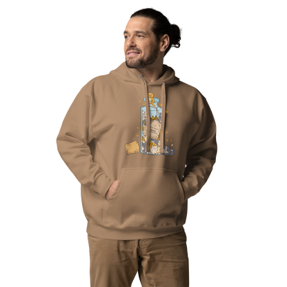 Man wearing a Funny Purrscription: Anti-depressants Cat premium graphic hoodie in latte brown by Boozy Fox