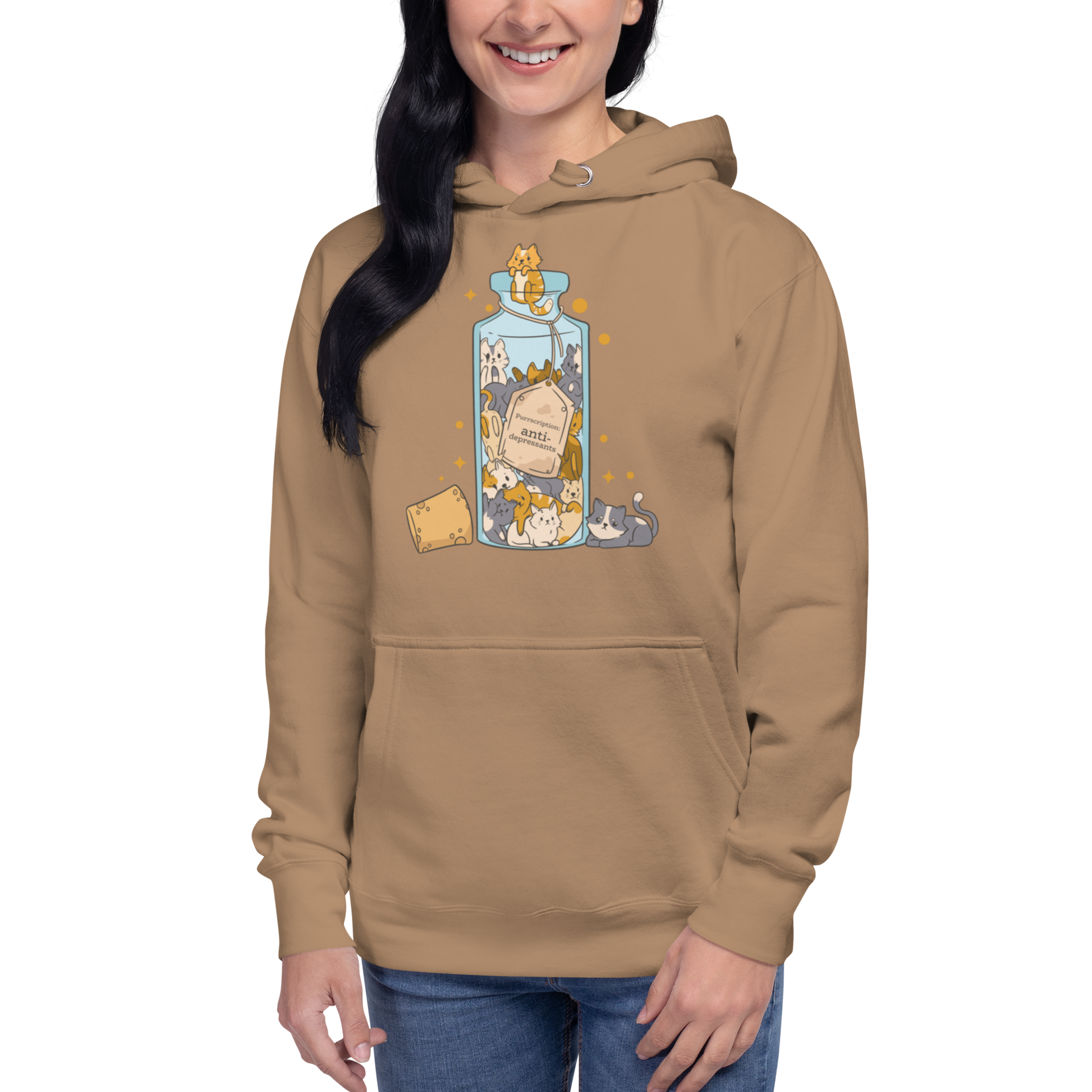 Woman wearing a Funny Purrscription: Anti-depressants Cat premium graphic hoodie in latte brown by Boozy Fox